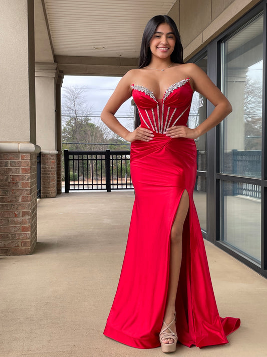 The Marie Strapless Embellished Satin Corset Dress