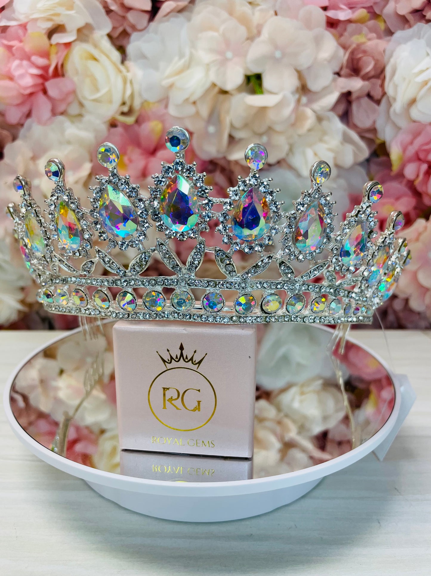 Silver and Iridescent Quinceañera Crown with Combs