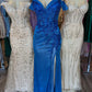 Liliana Champagne Beaded and Shimmering Off-Shoulder Evening Gown Royal Blue