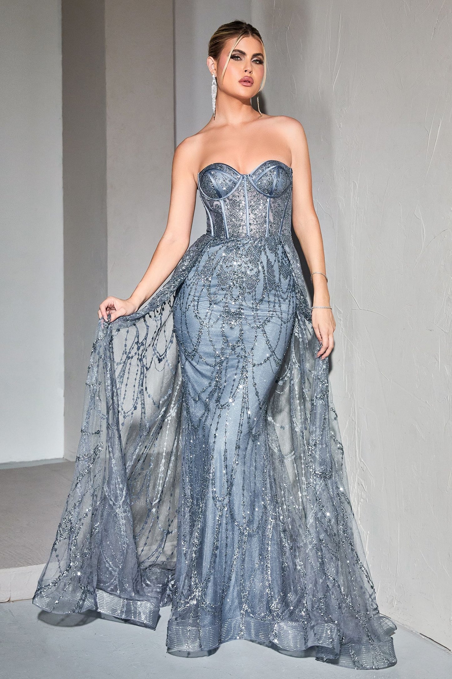 Aria Strapless Lace Fitted Gown with Overskirt Smoky Blue / 6 Aria Strapless Lace Fitted Gown with Overskirt Smoky Blue / 6