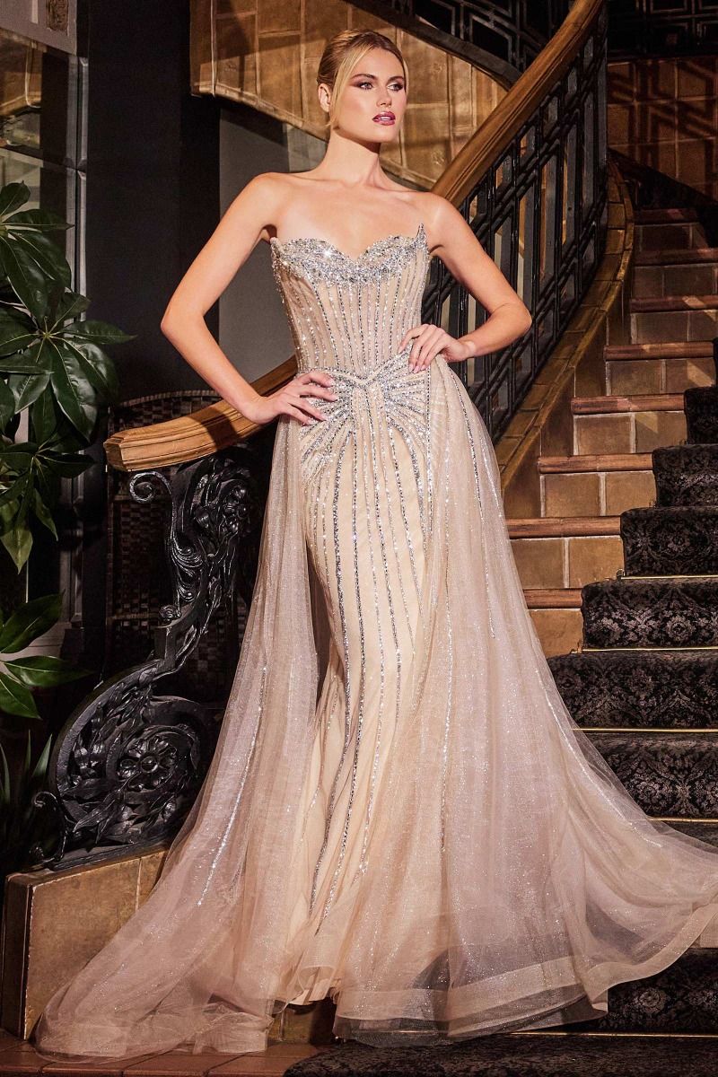 The Ramira Strapless Crystal Embellished Gown with Overskirt