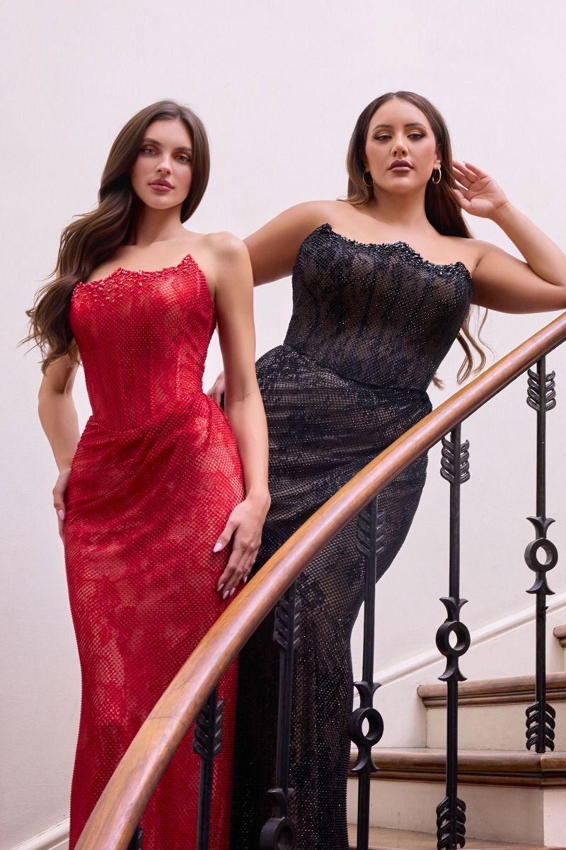 The Chelsea Strapless Beaded Mesh Gown Plus Red Nude / 22
