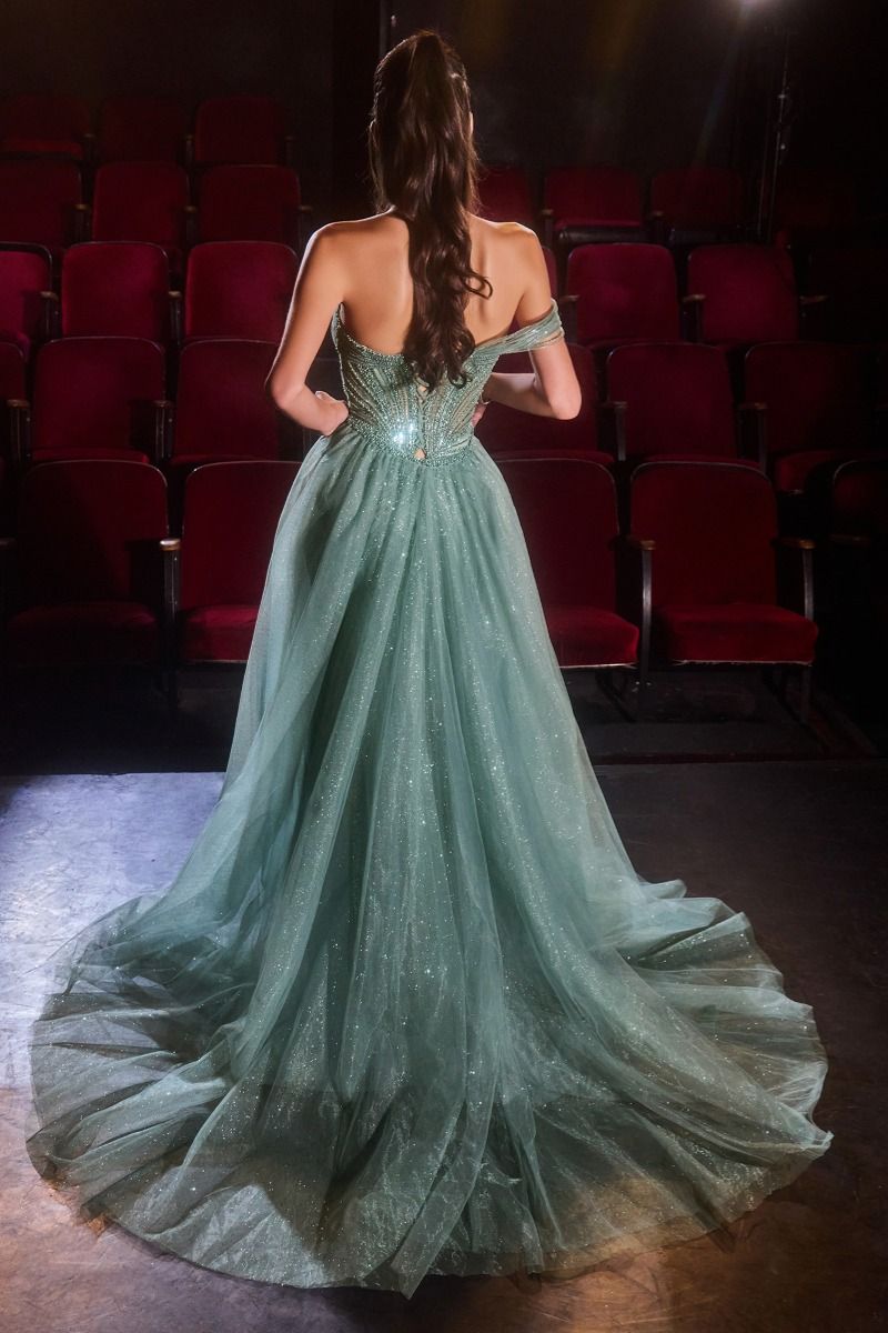 Celina softly draped one shoulder overskirt gown