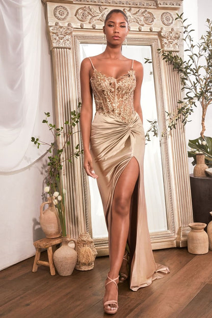 The Savannah Fitted Satin Gown with Embellished Bodice