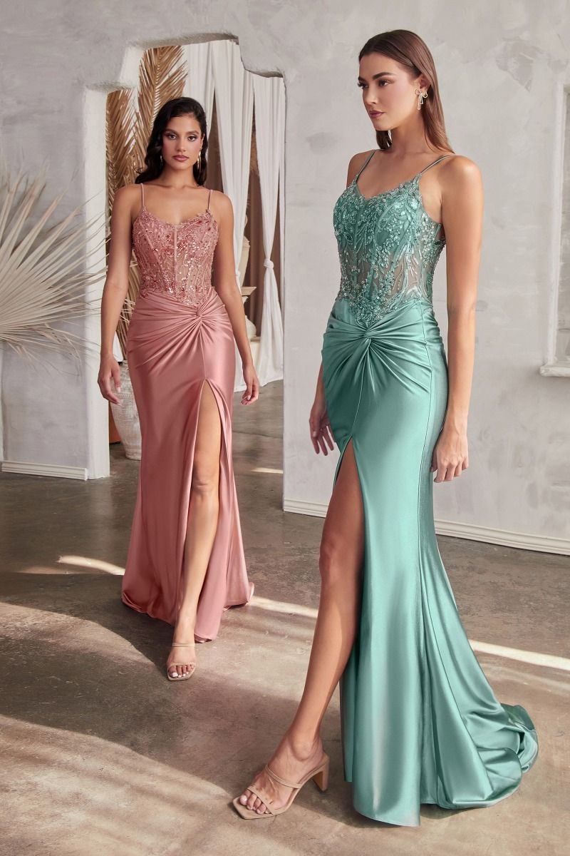 The Savannah Fitted Satin Gown with Embellished Bodice