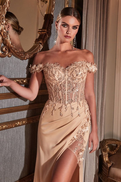 Reece Lace Beaded Off the Shoulder Satin Gown