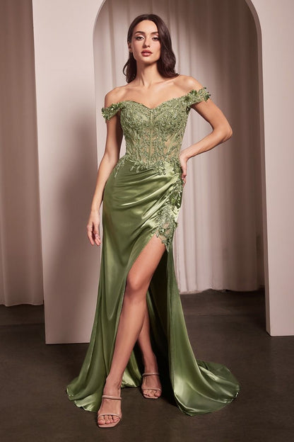 Reece Lace Beaded Off the Shoulder Satin Gown