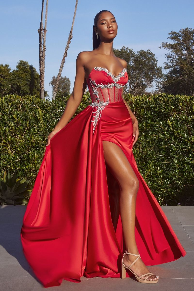 red satin fitted prom dress Red Long Satin Prom Dress With Beaded Applique And Scoop Neckline