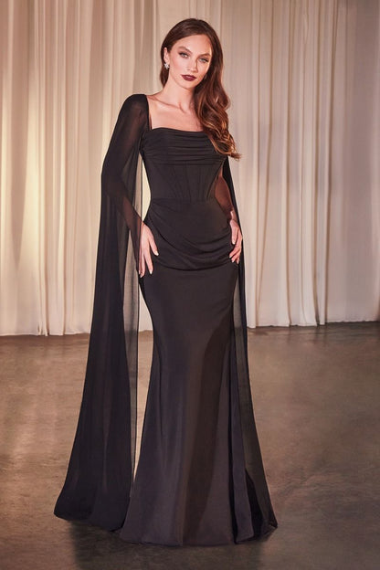 The Marisol Chiffon Fitted Dress with Long Cape Sleeves