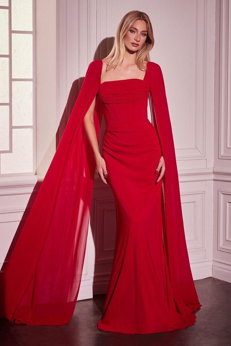 The Marisol Chiffon Fitted Dress with Long Cape Sleeves