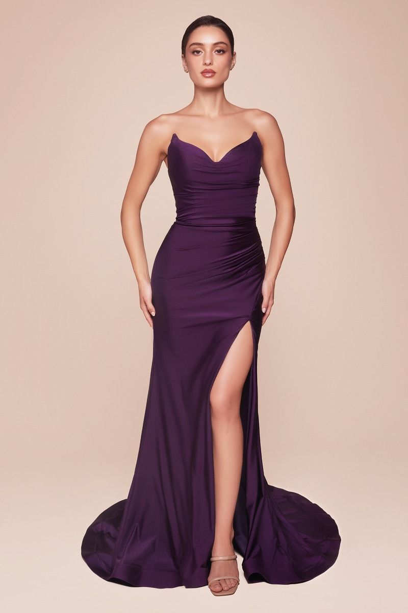 The Aracely Strapless Stretch Satin Fitted Gown