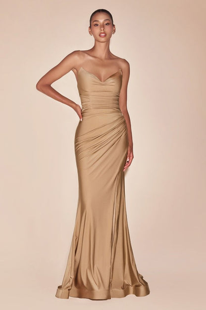 The Aracely Strapless Stretch Satin Fitted Gown