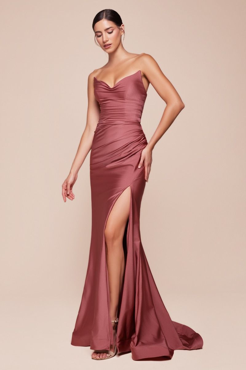 The Aracely Strapless Stretch Satin Fitted Gown