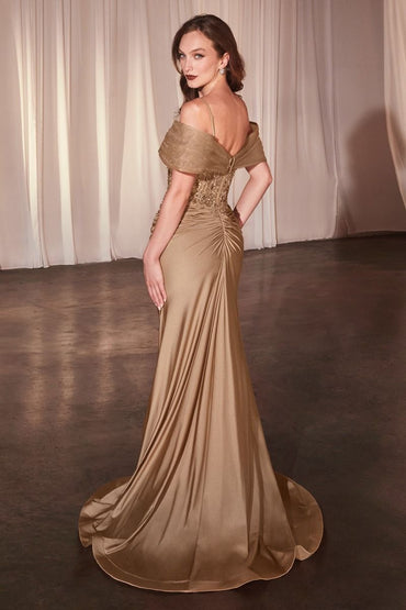 The Regina Fitted Satin and Lace Gown with Off the Shoulder Accessory