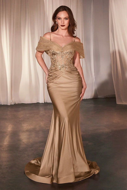 The Regina Fitted Satin and Lace Gown with Off the Shoulder Accessory