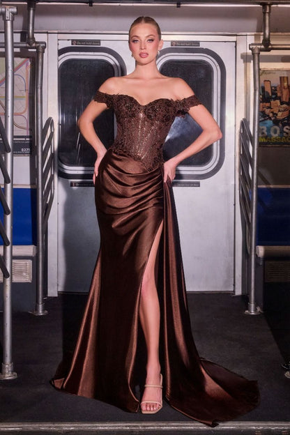 The Jimena Off the Shoulder Lace and Satin Gown