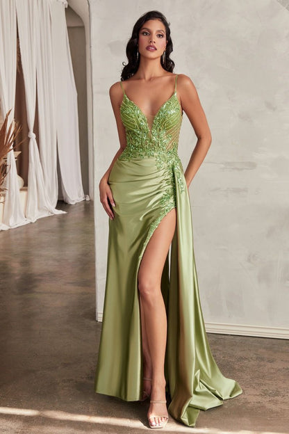 The Carolina Satin Fitted Gown with Sash and Lace Detail