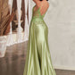 The Carolina Satin Fitted Gown with Sash and Lace Detail