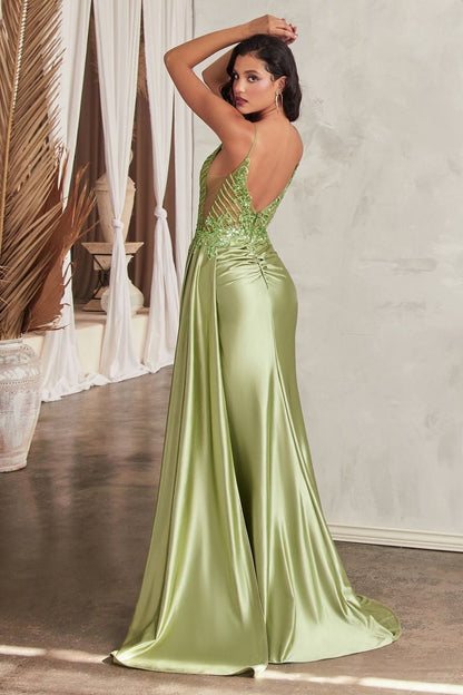 The Carolina Satin Fitted Gown with Sash and Lace Detail