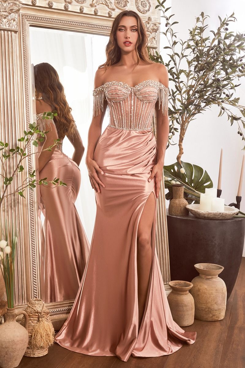 The Carol Embellished off the Shoulder Satin Gown