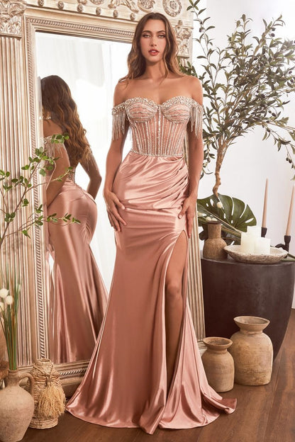 The Carol Embellished off the Shoulder Satin Gown