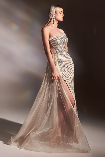 Patricia Fitted Gown with Side Overskirt and Rhinestone Detail