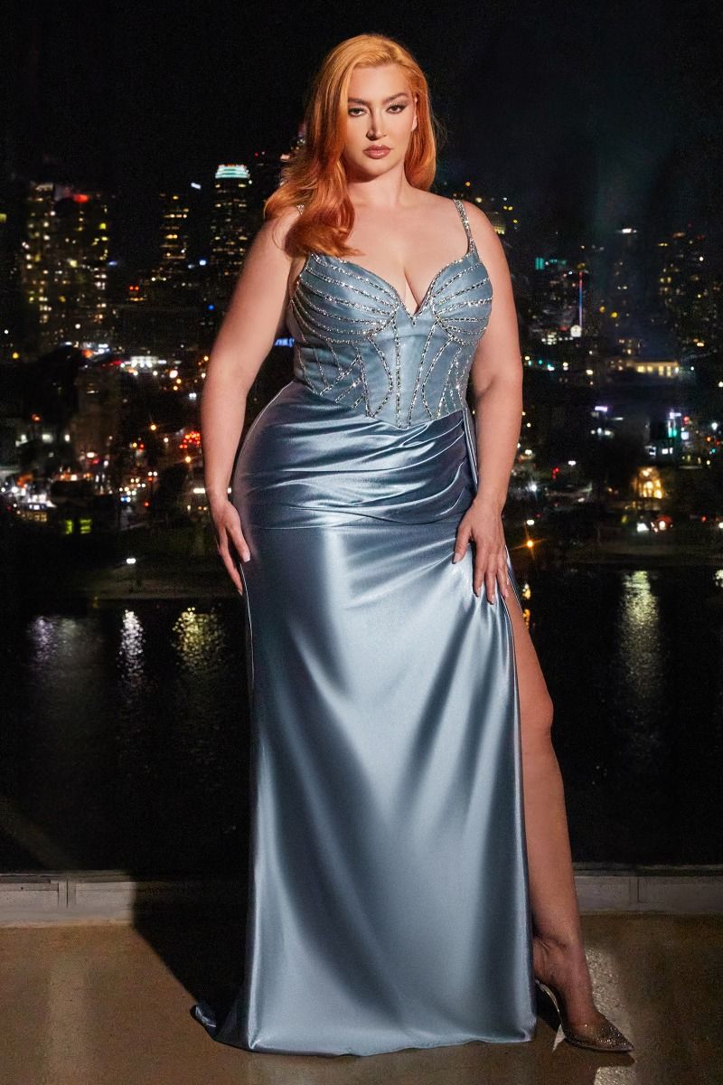 The Andrea Fitted Satin Gown with Beaded Bodice
