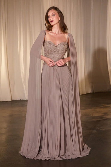 Pleated A-Line Gown with Cape Sleeves