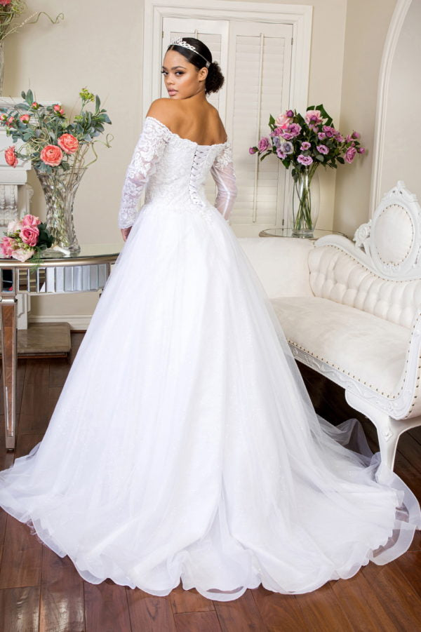 Off the Shoulder Sheer Long Sleeve Embroidered Sweetheart Mesh Wedding Gown