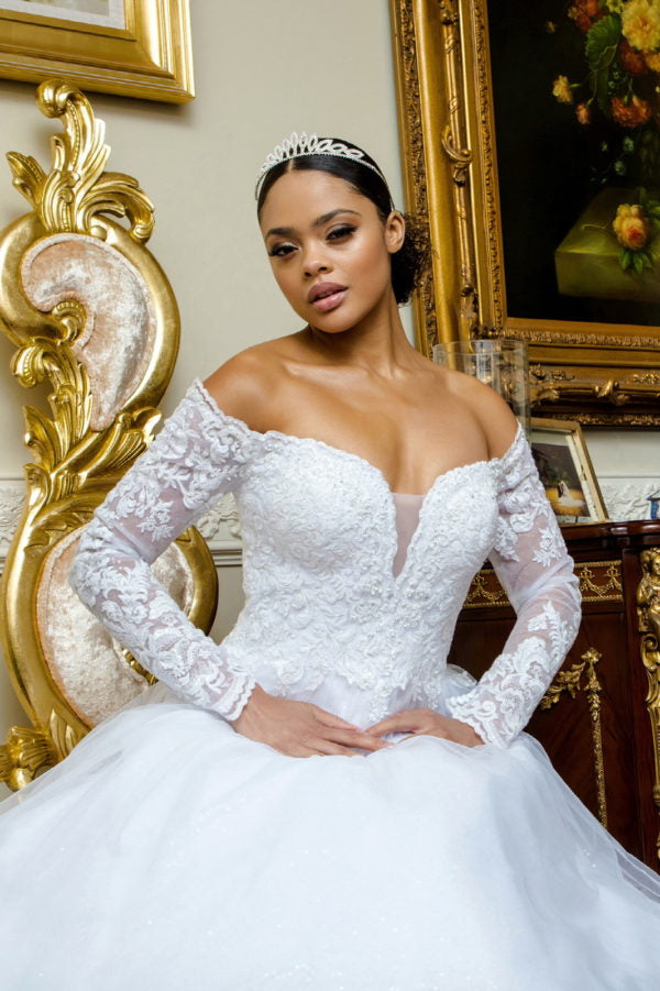 Off the Shoulder Sheer Long Sleeve Embroidered Sweetheart Mesh Wedding Gown