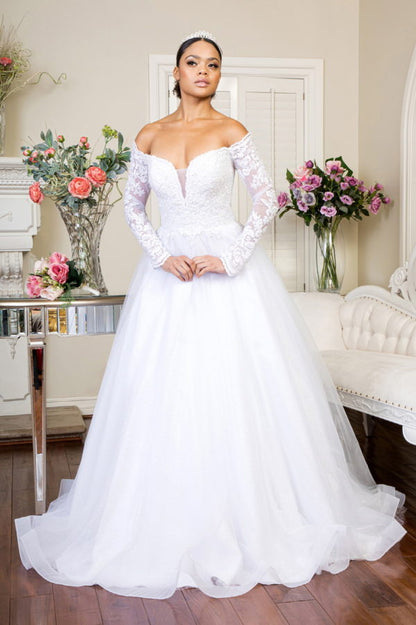 Off the Shoulder Sheer Long Sleeve Embroidered Sweetheart Mesh Wedding Gown