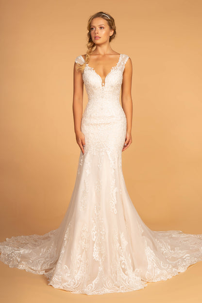 Ramona Embroidery Embellished Mesh Wedding Gown w/ Netting Shoulder Strap