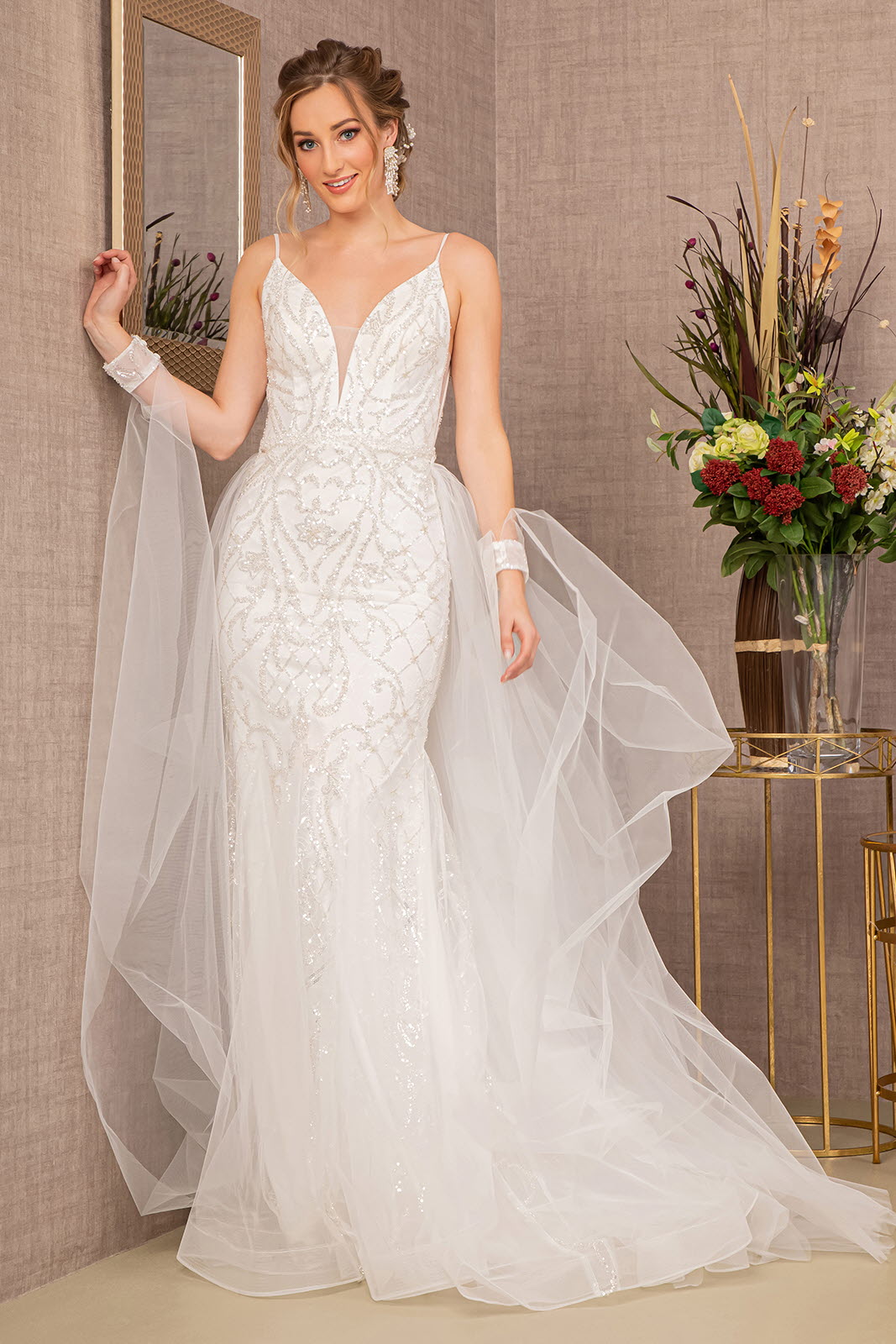 Jewel Bead Wedding Dress w/ Detachable Waist Long Mesh Layer