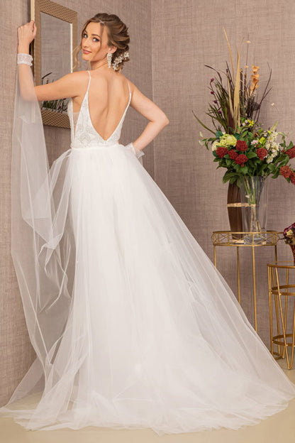 Jewel Bead Wedding Dress w/ Detachable Waist Long Mesh Layer