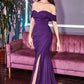 Off the Shoulder Fitted Jersey Gown with Leg Slit and Ruching