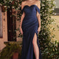 Off the Shoulder Fitted Jersey Gown with Leg Slit and Ruching
