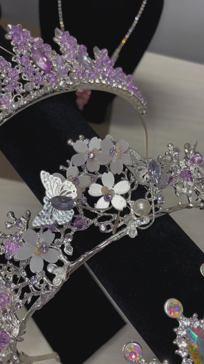 Lilac and Silver Butterfly Crown Set