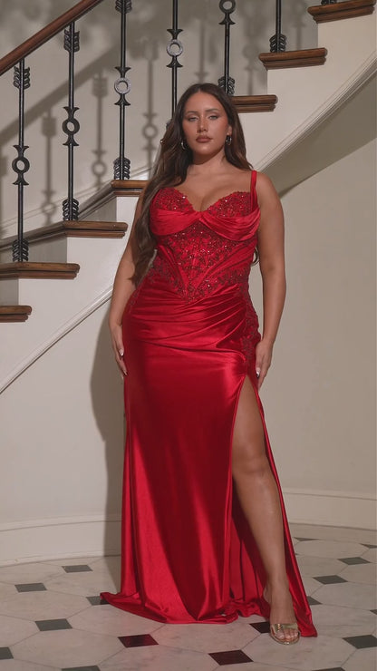 The Trynee Fitted Satin Gown: Plus