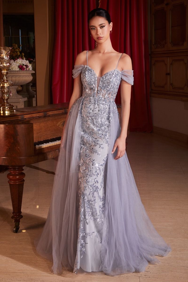 The Roberta Embellished Off The Shoulder Fitted Gown Fog Grey / 8 The Roberta Embellished Off The Shoulder Fitted Gown Fog Grey / 8
