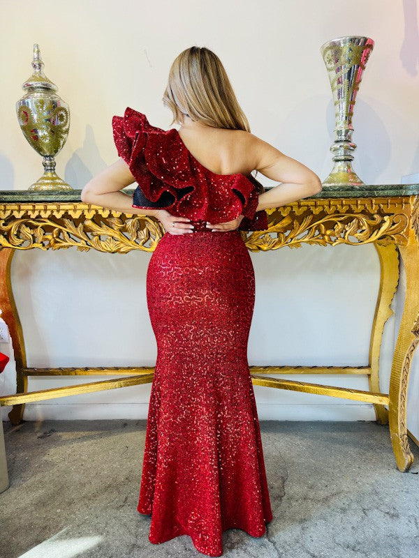 Eva Mauve Sequin Metallic Ruffled One Shoulder Evening Gown