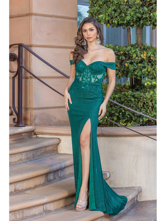 Liliana Emerald Beaded and Shimmering Off-Shoulder Evening Gown