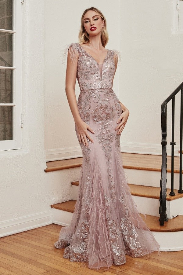 Mermaid Glitter Faux Feather Evening Gown Mauve