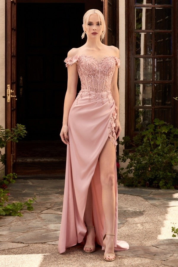 Reece Lace Beaded Off the Shoulder Satin Gown