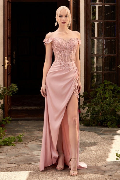 Reece Lace Beaded Off the Shoulder Satin Gown