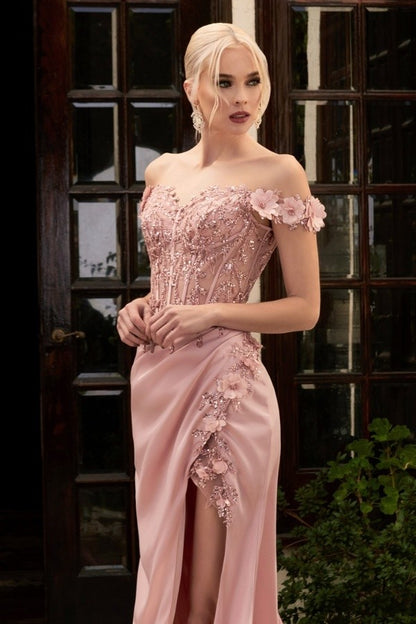 Reece Lace Beaded Off the Shoulder Satin Gown