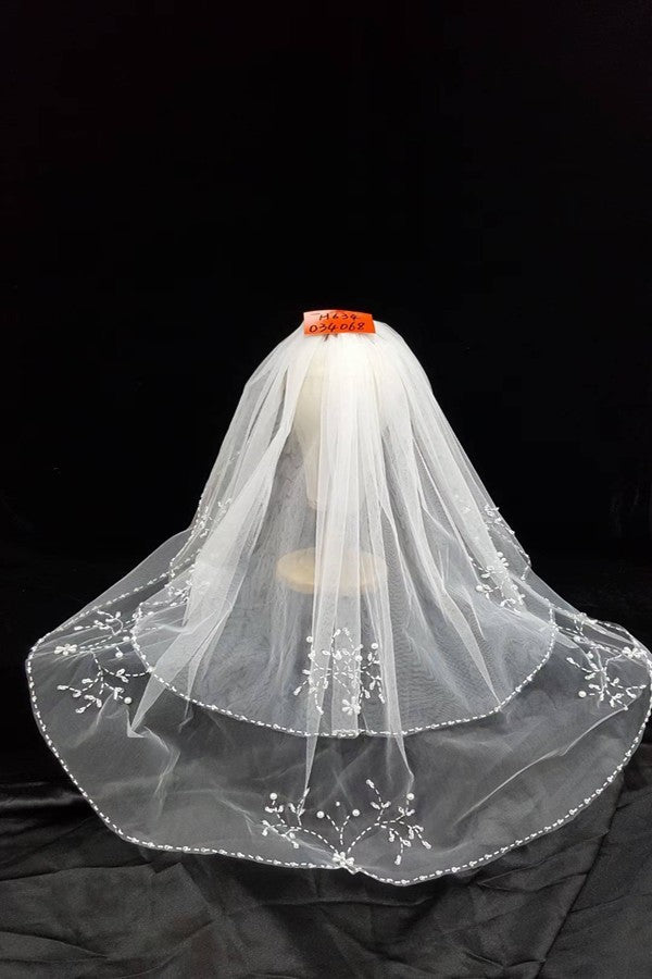 Fingertip Length Beaded Double Layer Wedding Veil
