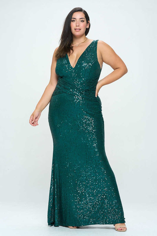 V-Neck Emerald Sequin Maxi Dress