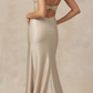 Satin Fitted Evening Gown with Lace Embroidered Bodice: Champagne