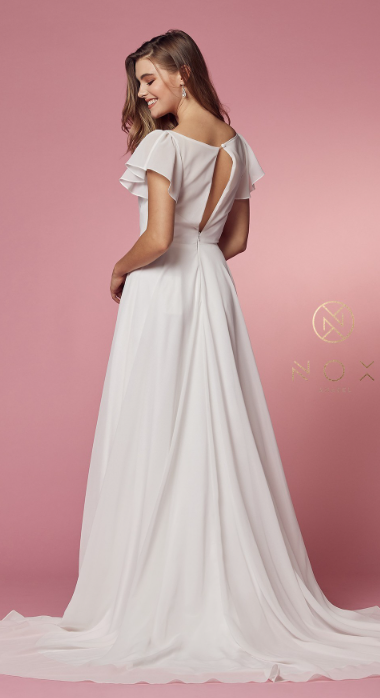 A-line V-Neck Wedding Gown with Ruffled Sleeves