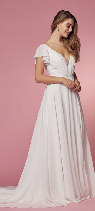 A-line V-Neck Wedding Gown with Ruffled Sleeves